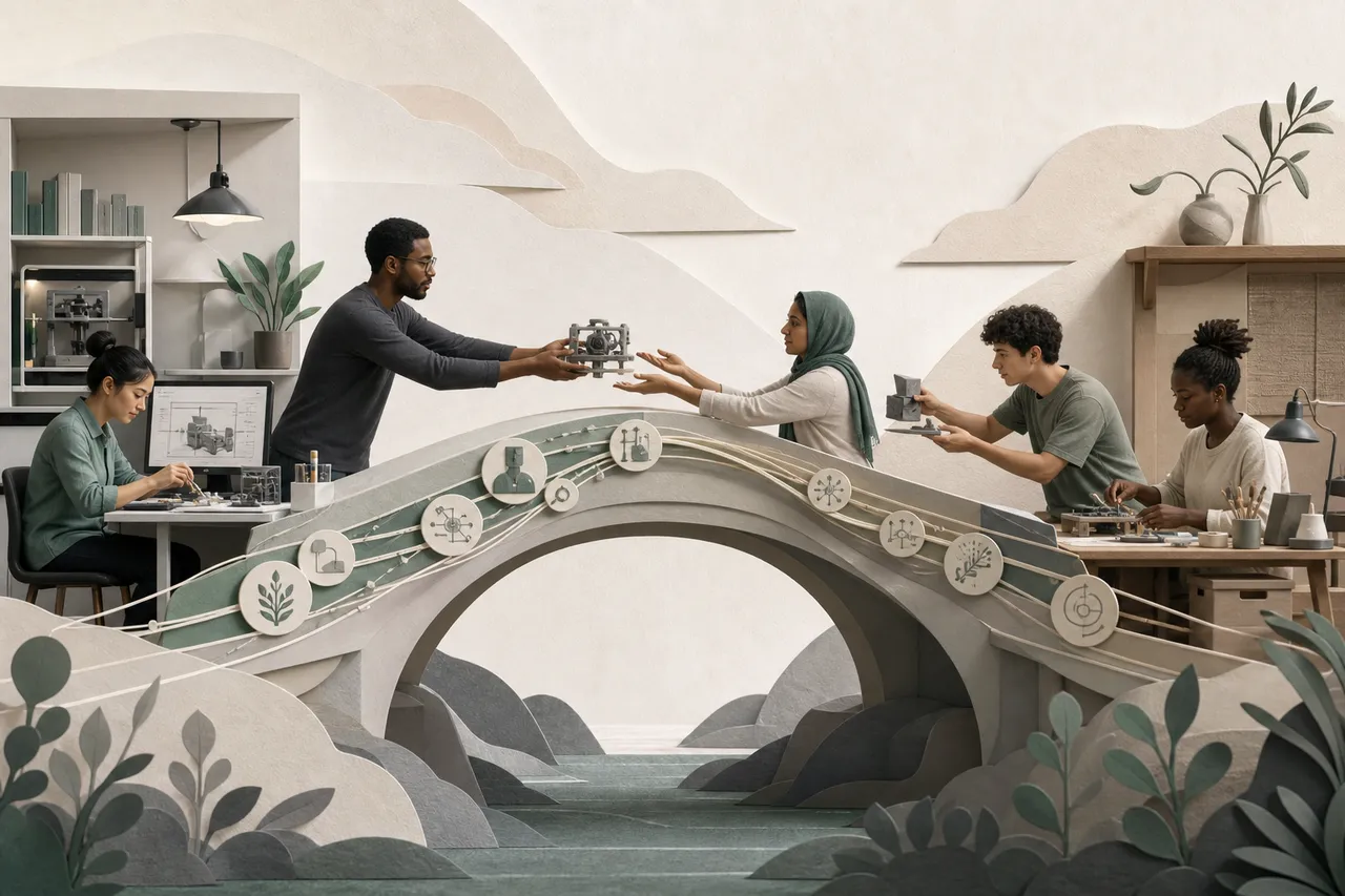 Illustration of two teams sharing technical capability across a bridge between their workspaces.