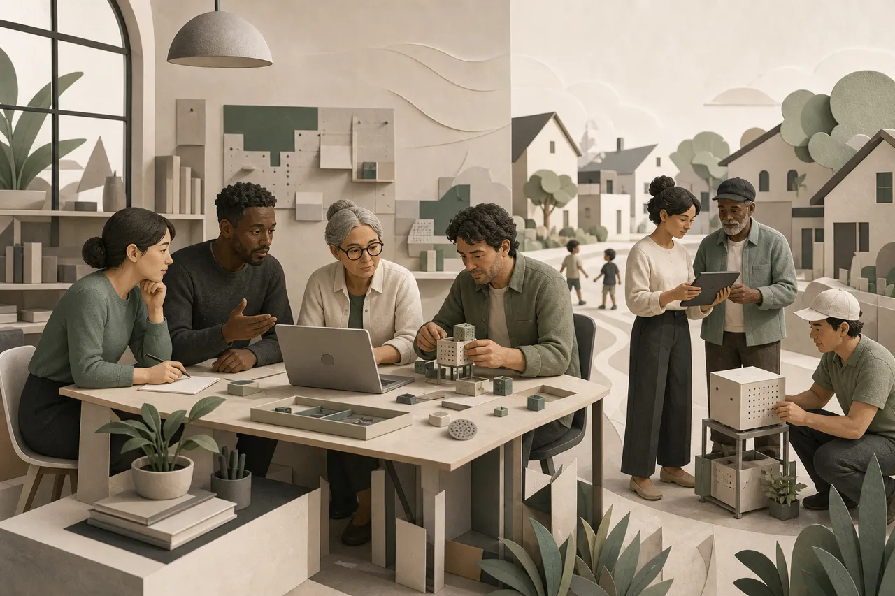 Illustration of engineers and community members turning a practical idea into a working tool.