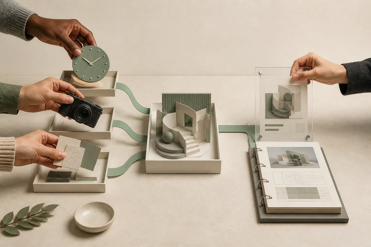 Illustration of time, equipment, and materials flowing into one project and its documented result.