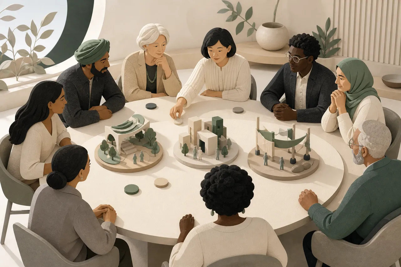 Illustration of a community considering three project models equally around one table.